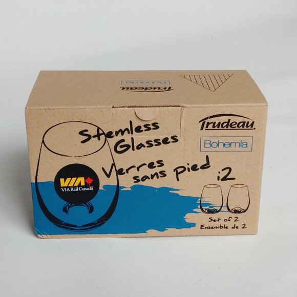 VIA RAIL Stemless Glasses PAIR TRUDEAU Bohemia Set of 2 BNIB European crystallin - Picture 7 of 15